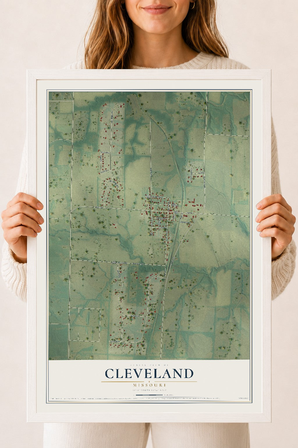 Map of Cleveland, Missouri, 18 x 24 inch print in a white wood frame