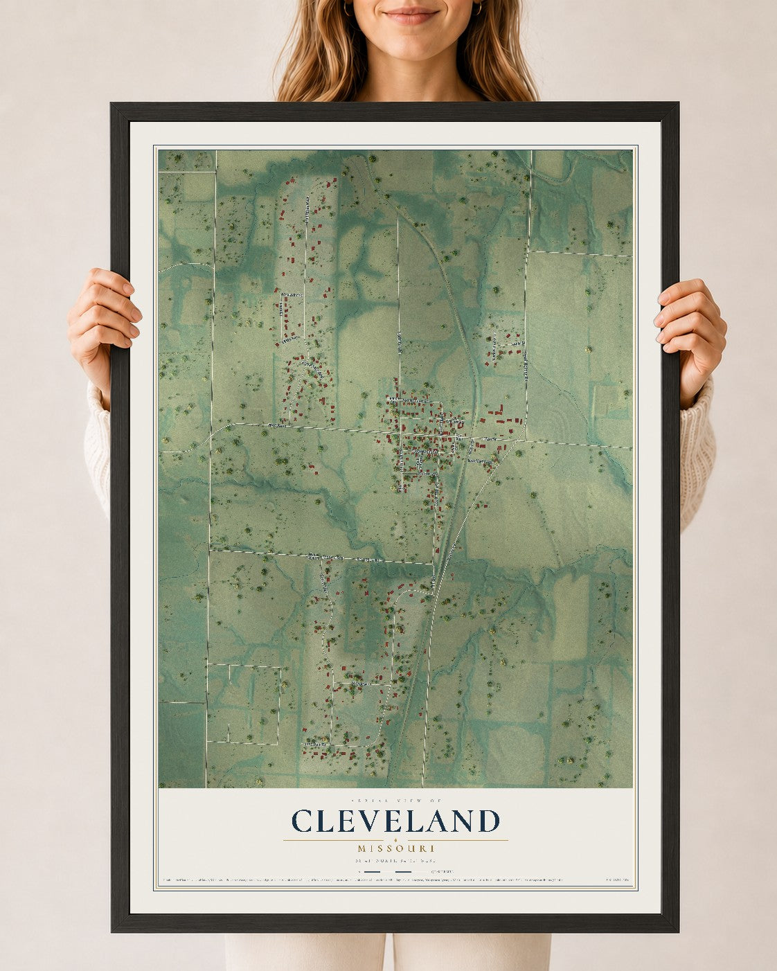 Map of Cleveland, Missouri, 24 x 36 inch print in a black wood frame