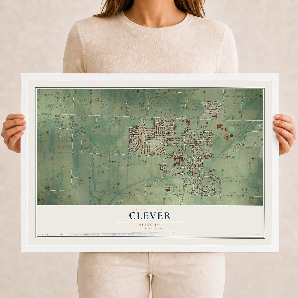 Map of Clever, Missouri, 12 x 18 inch print in a white wood frame