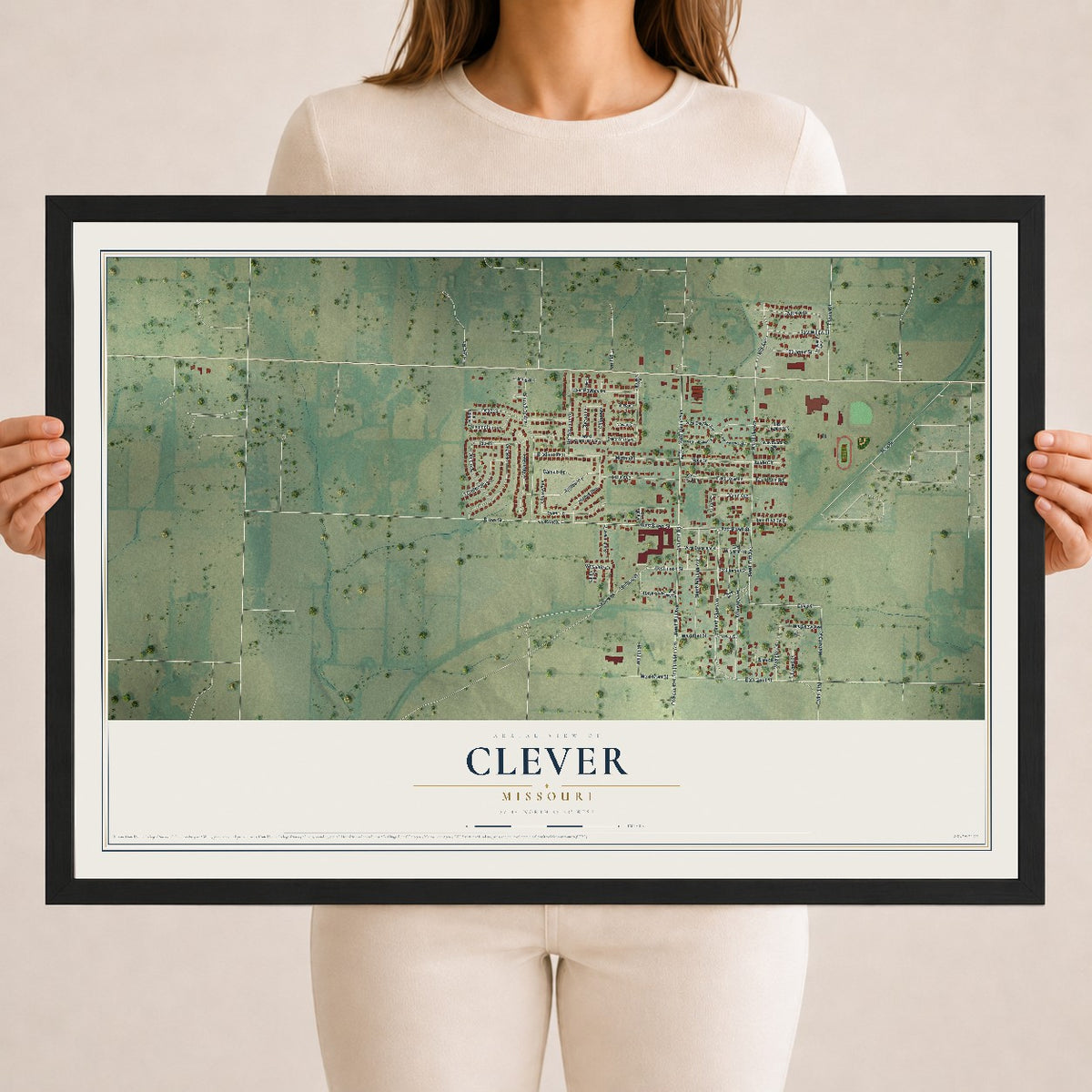 Map of Clever, Missouri, 18 x 24 inch print in a black wood frame