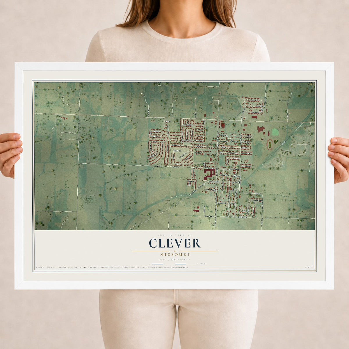 Map of Clever, Missouri, 18 x 24 inch print in a white wood frame
