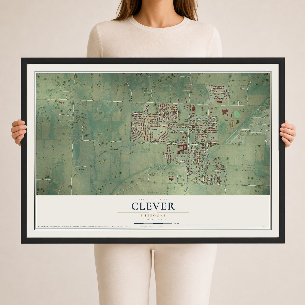 Map of Clever, Missouri, 24 x 36 inch print in a black wood frame