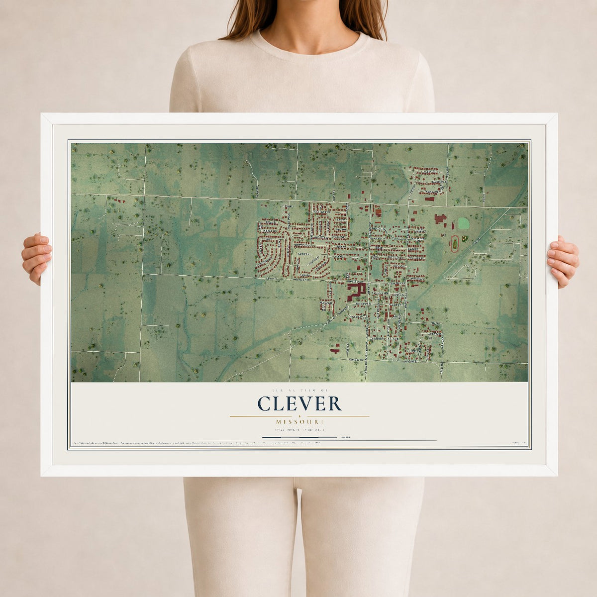 Map of Clever, Missouri, 24 x 36 inch print in a white wood frame