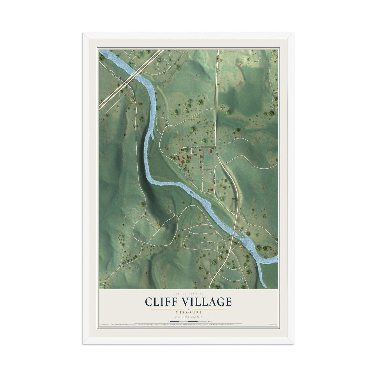 Map of Cliff Village, Missouri, 12 x 18 inch print in a white wood frame