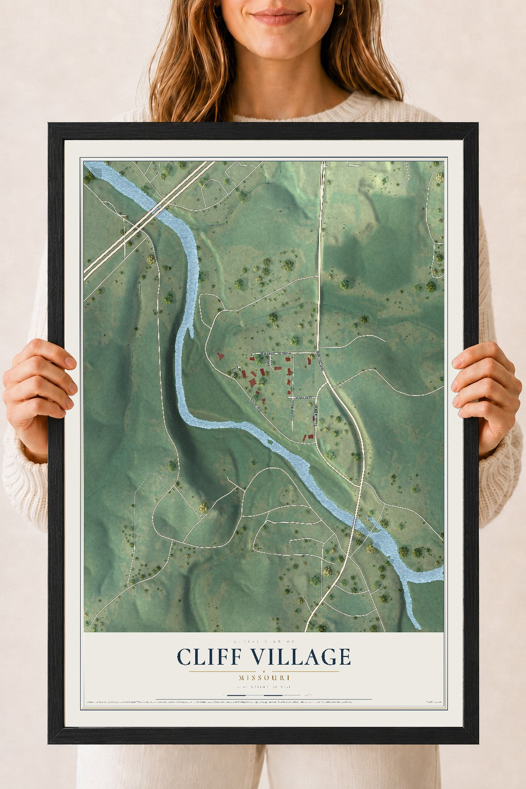Map of Cliff Village, Missouri, 18 x 24 inch print in a black wood frame