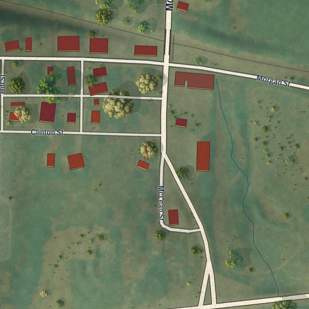 Close-up of the map of Clifton Hill, Missouri print showing street and building detail