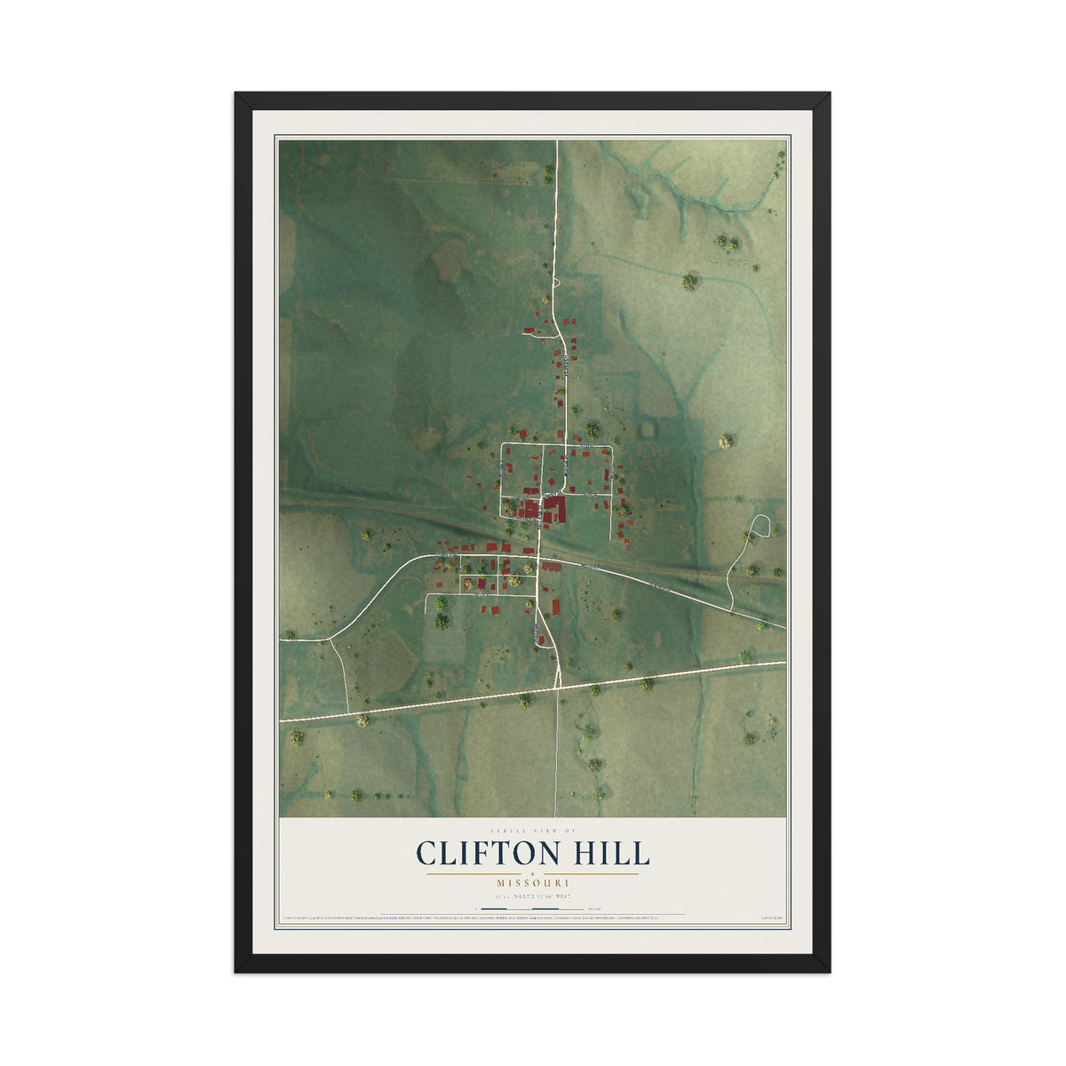Map of Clifton Hill, Missouri, 12 x 18 inch print in a black wood frame