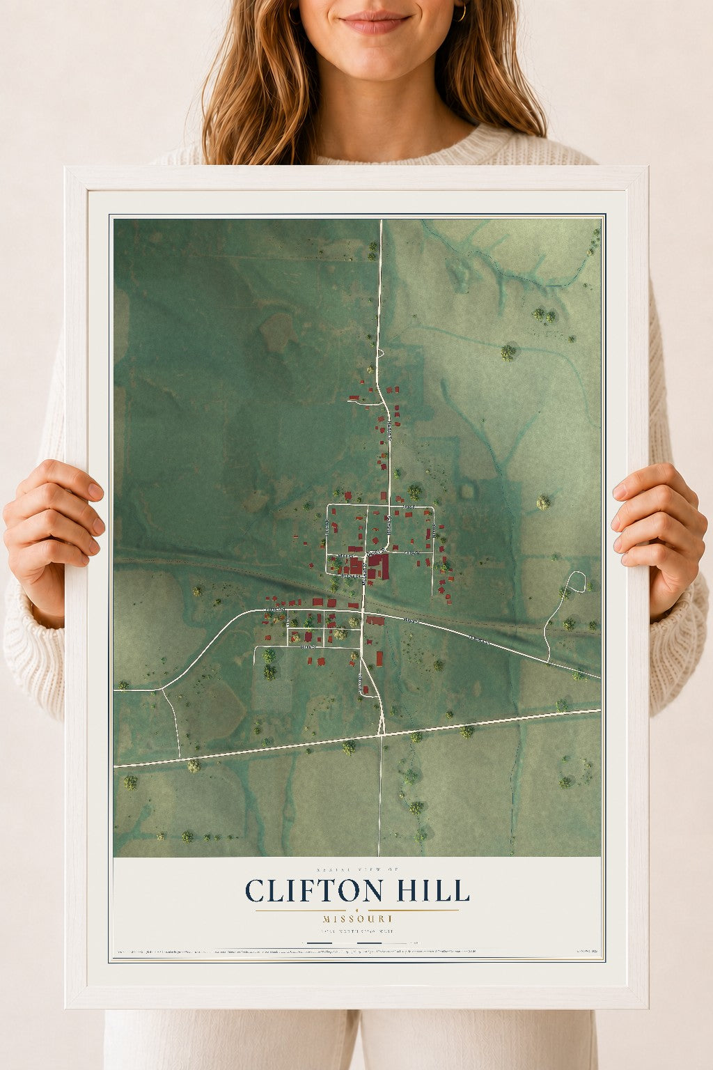Map of Clifton Hill, Missouri, 18 x 24 inch print in a white wood frame