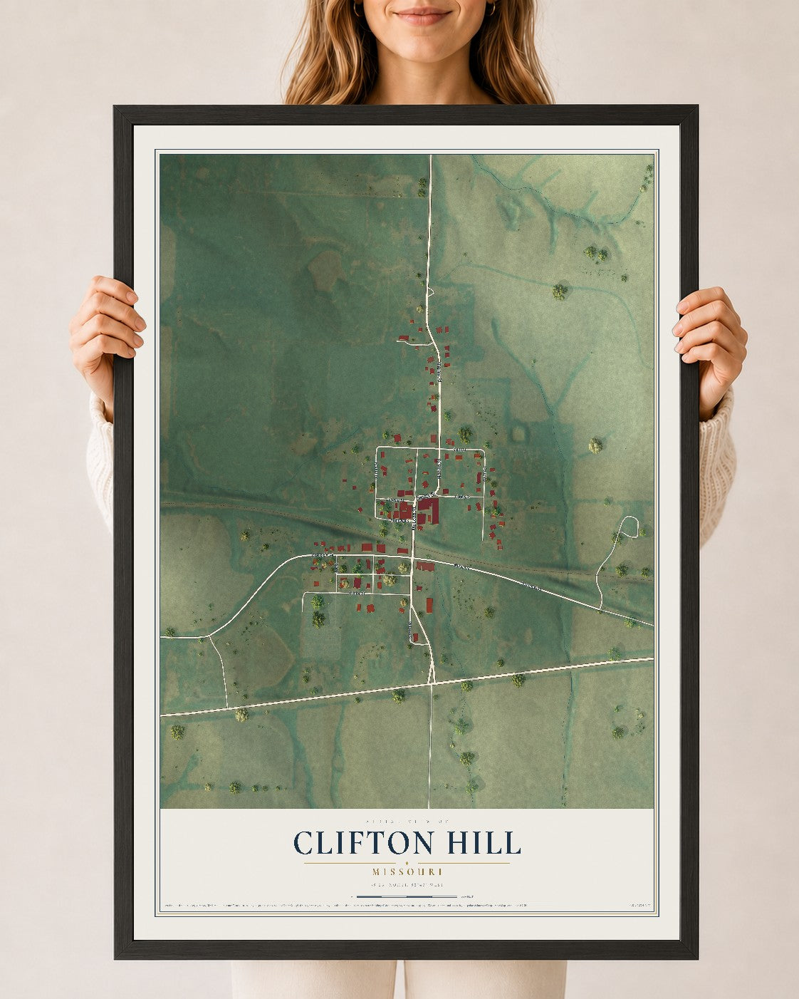 Map of Clifton Hill, Missouri, 24 x 36 inch print in a black wood frame
