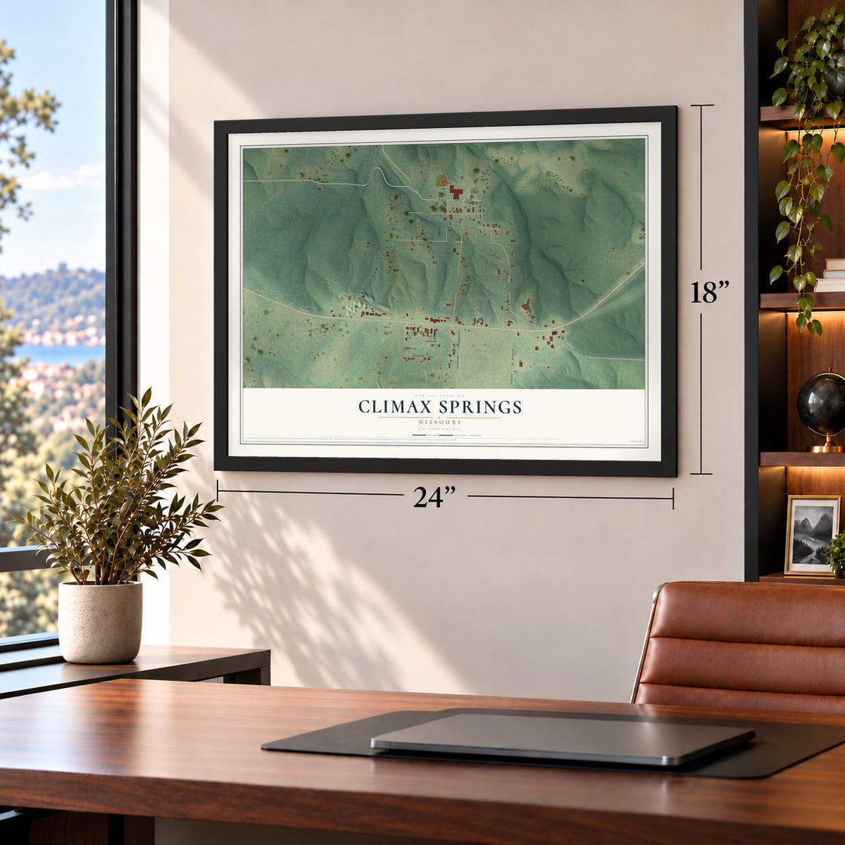 Climax Springs, Missouri map, 18 x 24 inch print in a black frame in a home office