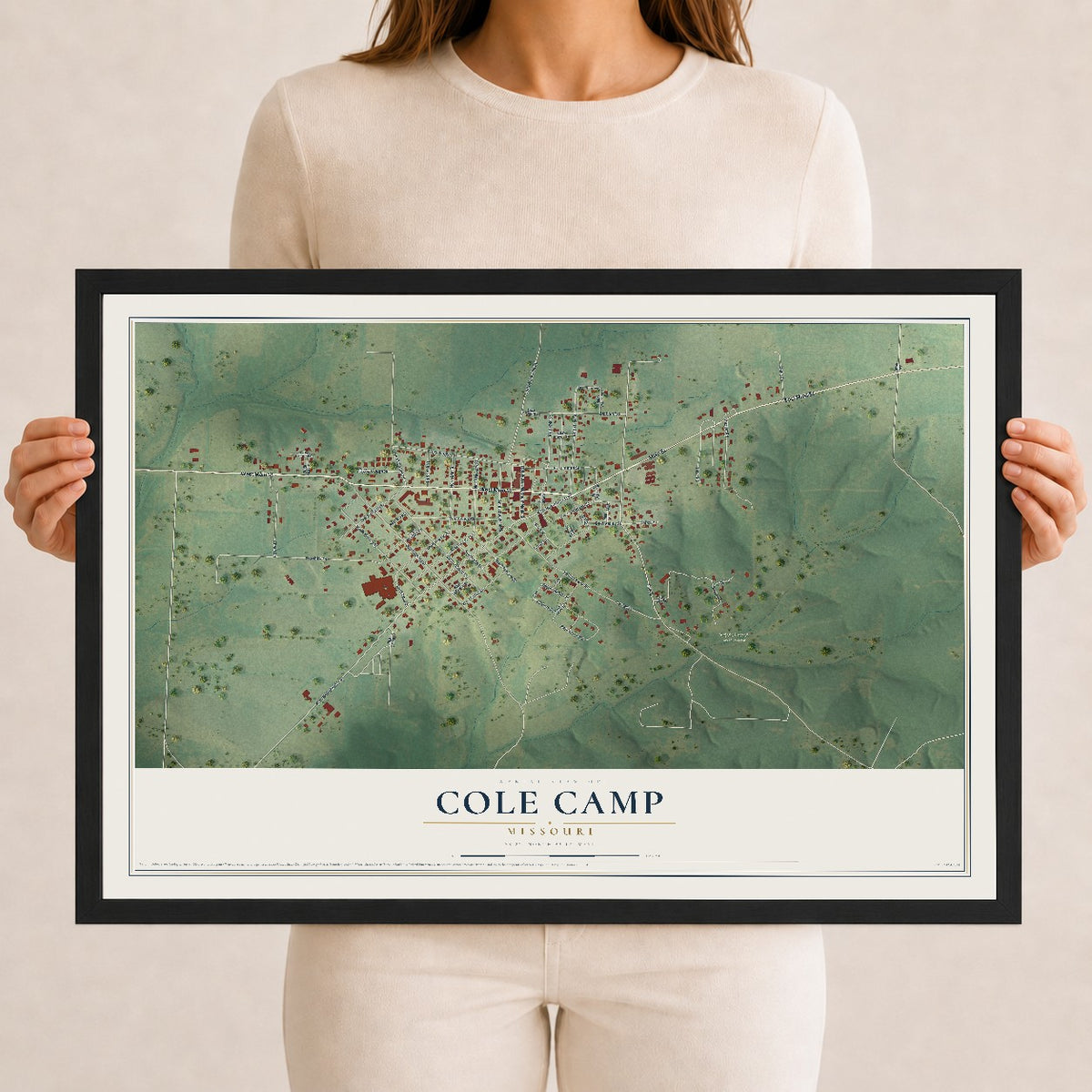 Map of Cole Camp, Missouri, 12 x 18 inch print in a black wood frame