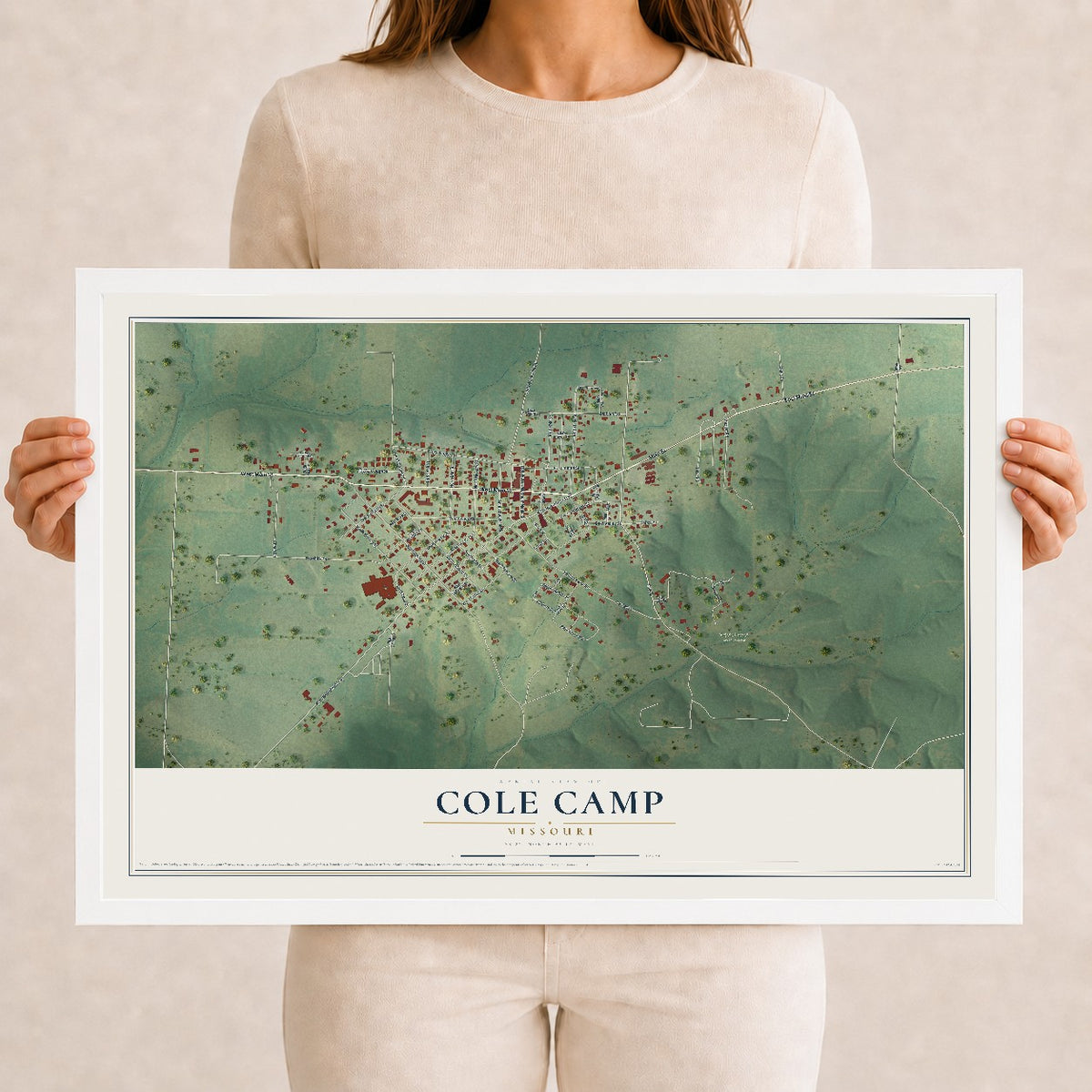 Map of Cole Camp, Missouri, 12 x 18 inch print in a white wood frame