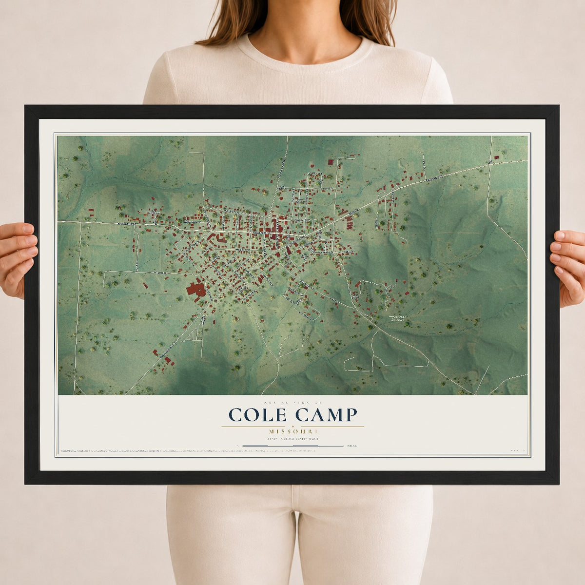 Map of Cole Camp, Missouri, 18 x 24 inch print in a black wood frame
