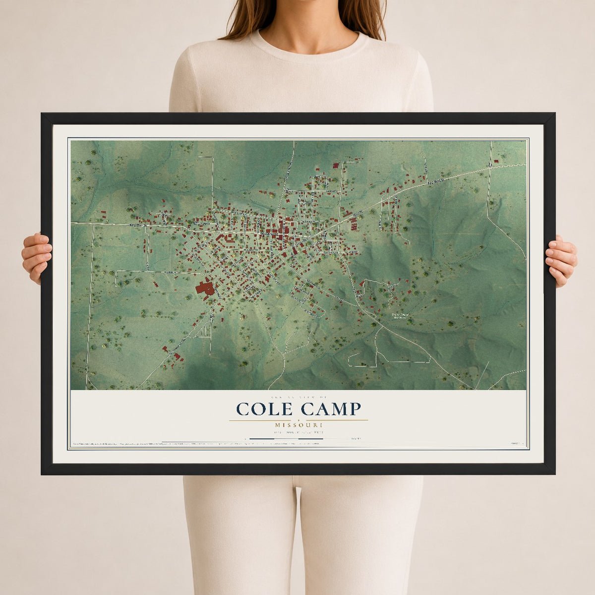 Map of Cole Camp, Missouri, 24 x 36 inch print in a black wood frame