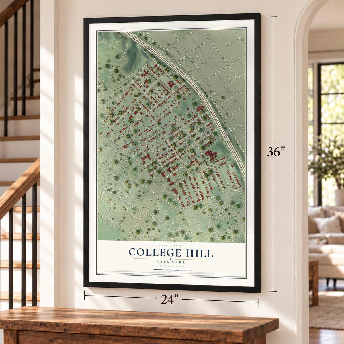 College Hill, Missouri map, 24 x 36 inch print in a black frame by a staircase