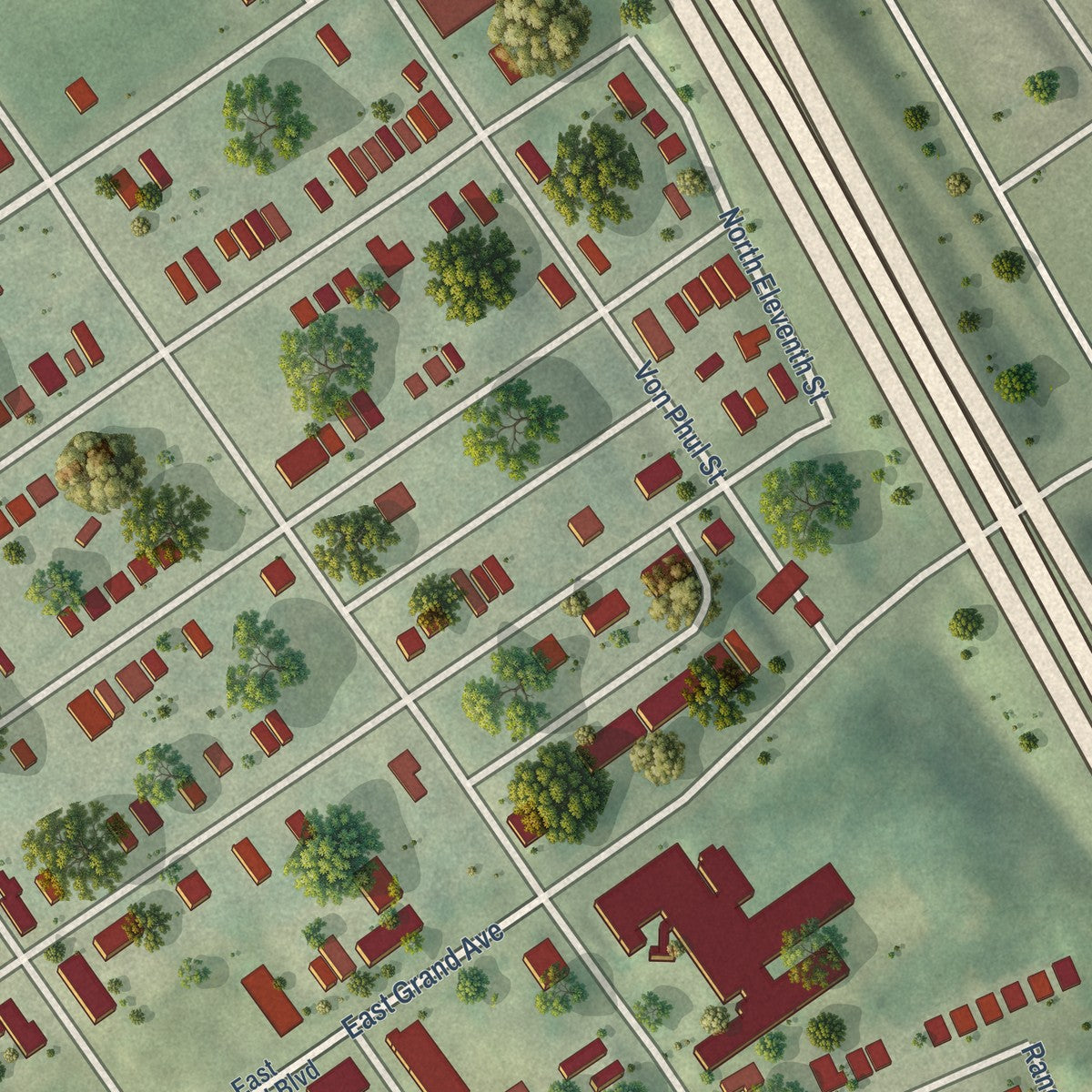 Close-up of the map of College Hill, Missouri print showing street and building detail