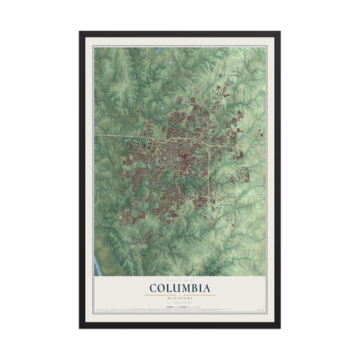 Map of Columbia, Missouri, 12 x 18 inch print in a black wood frame