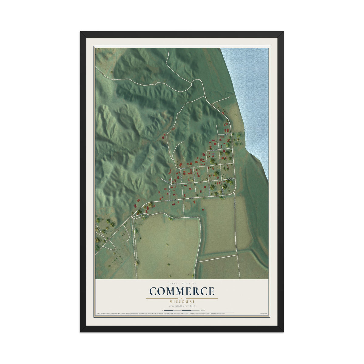 Map of Commerce, Missouri, 12 x 18 inch print in a black wood frame