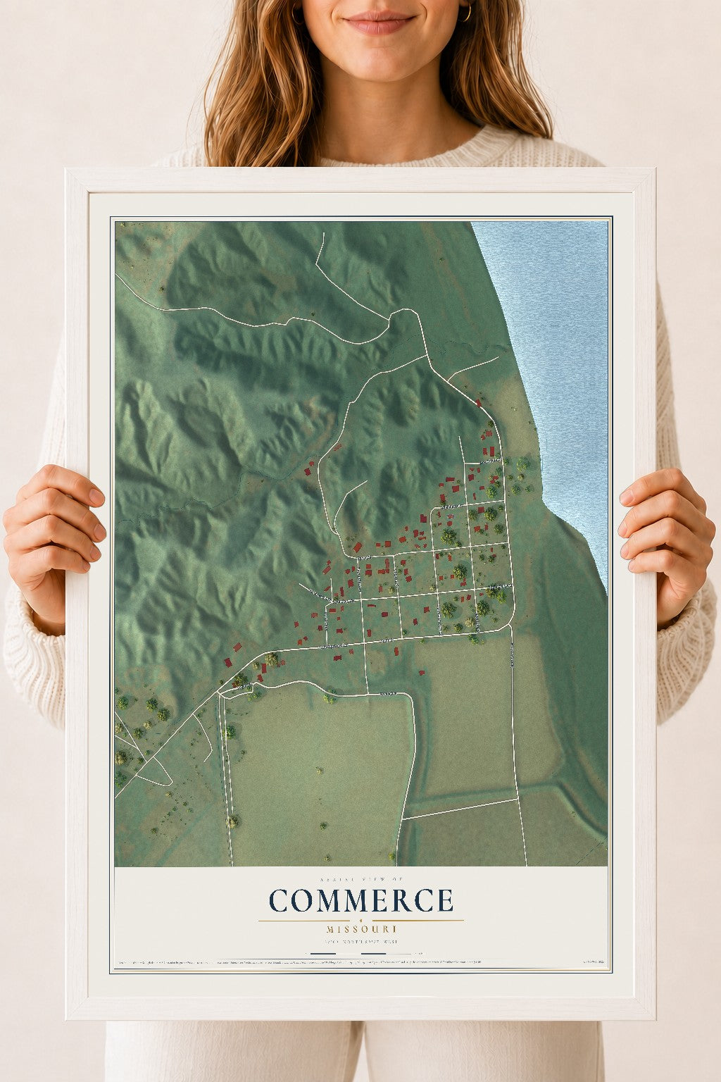 Map of Commerce, Missouri, 18 x 24 inch print in a white wood frame