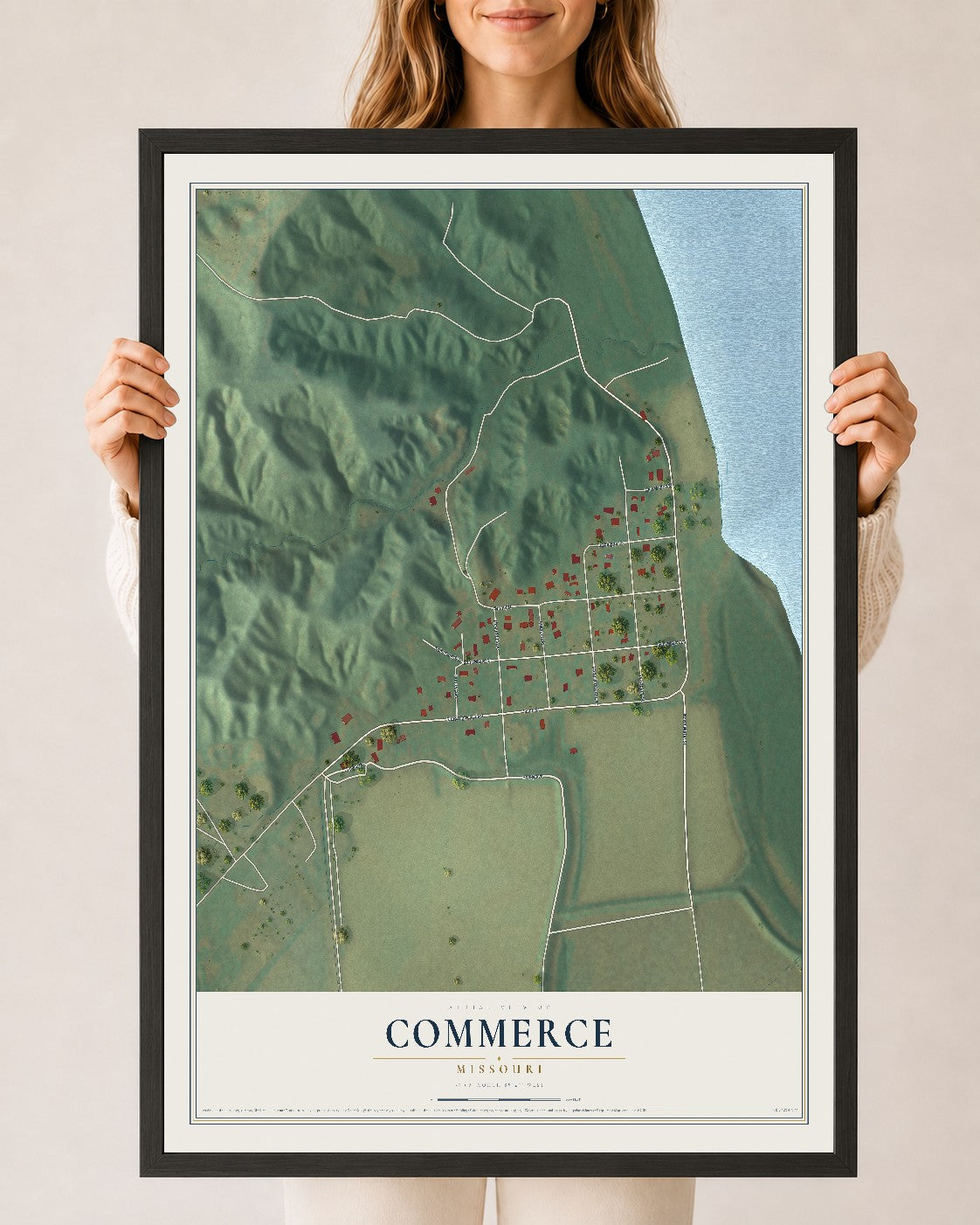 Map of Commerce, Missouri, 24 x 36 inch print in a black wood frame