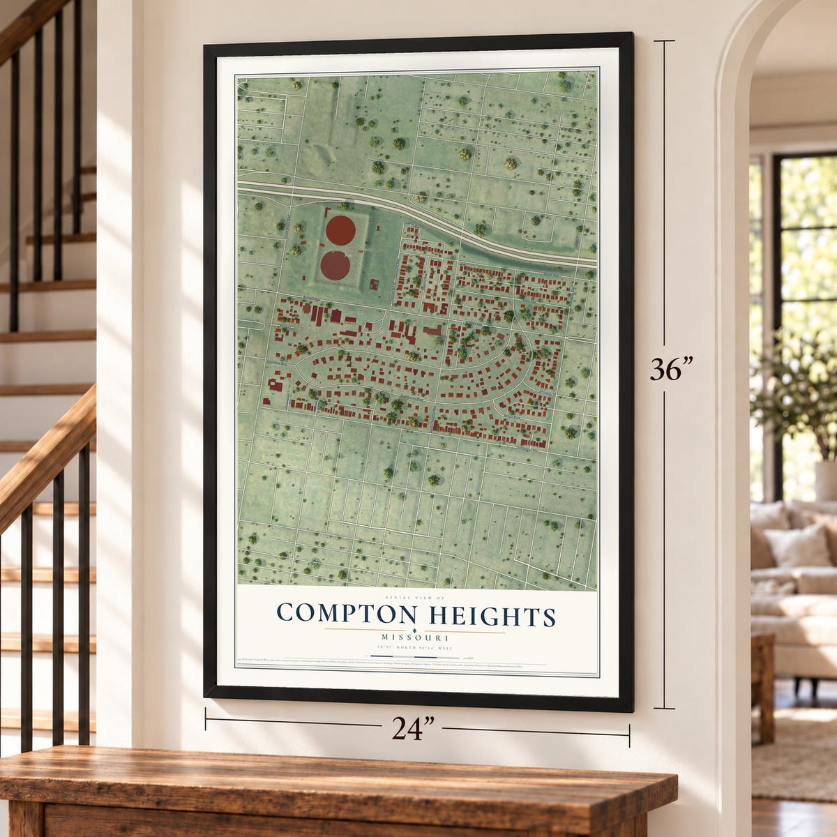 Compton Heights, Missouri map, 24 x 36 inch print in a black frame by a staircase