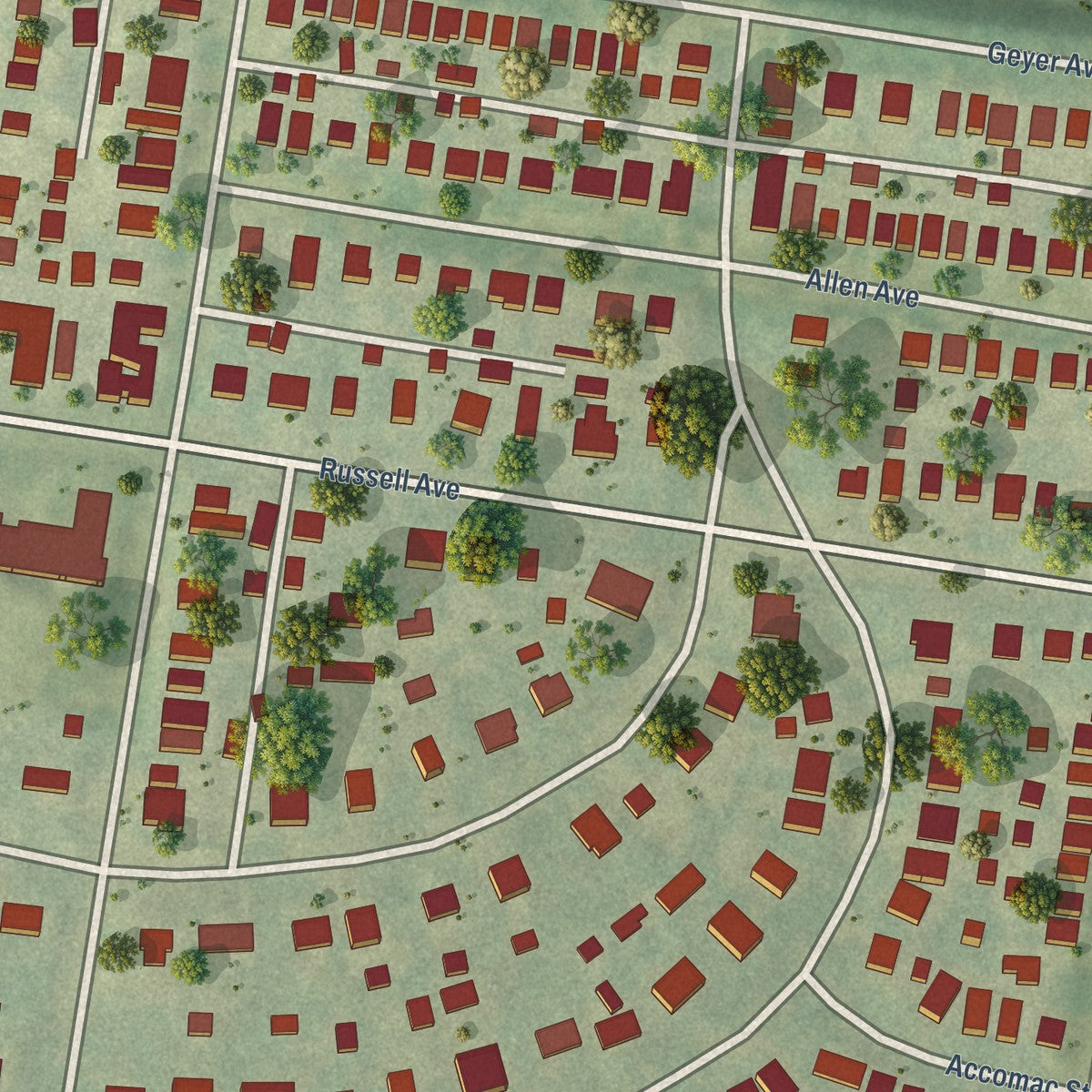 Close-up of the map of Compton Heights, Missouri print showing street and building detail
