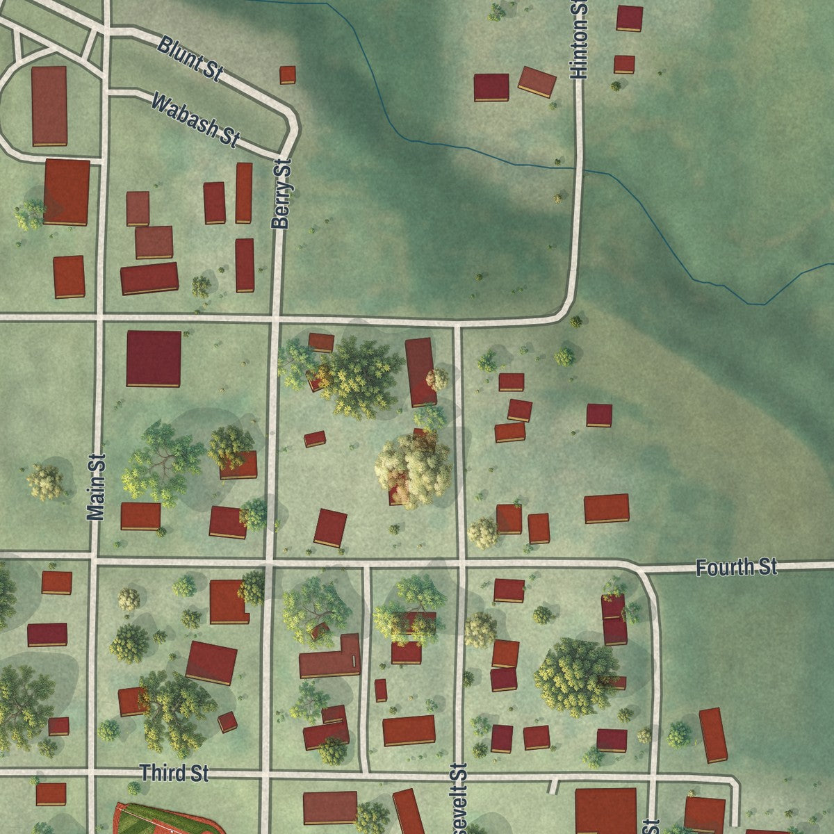 Close-up of the map of Conception Junction, Missouri print showing street and building detail