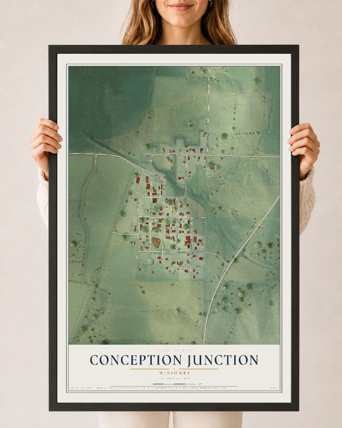 Map of Conception Junction, Missouri, 24 x 36 inch print in a black wood frame