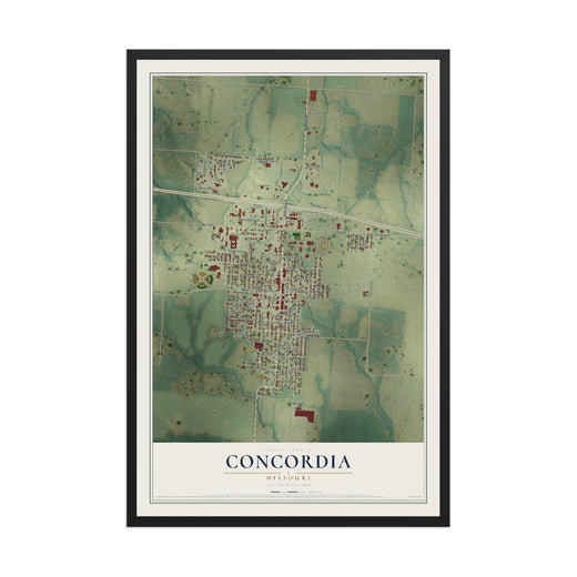Map of Concordia, Missouri, 12 x 18 inch print in a black wood frame