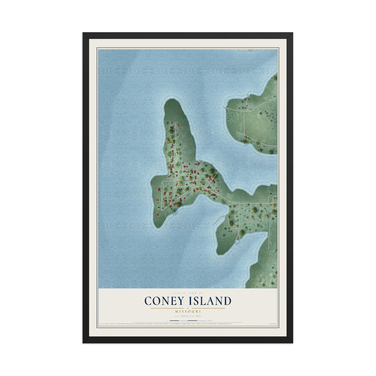 Map of Coney Island, Missouri, 12 x 18 inch print in a black wood frame