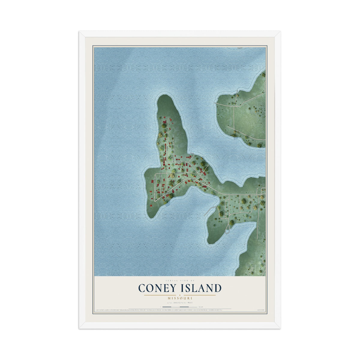 Map of Coney Island, Missouri, 12 x 18 inch print in a white wood frame