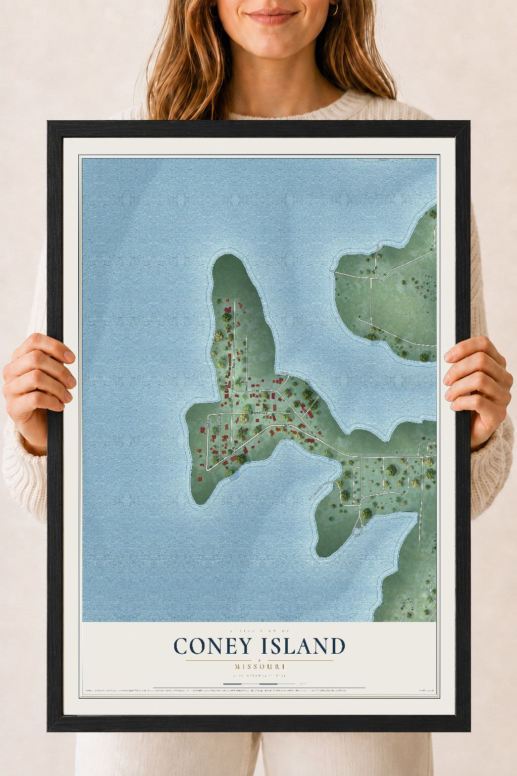 Map of Coney Island, Missouri, 18 x 24 inch print in a black wood frame