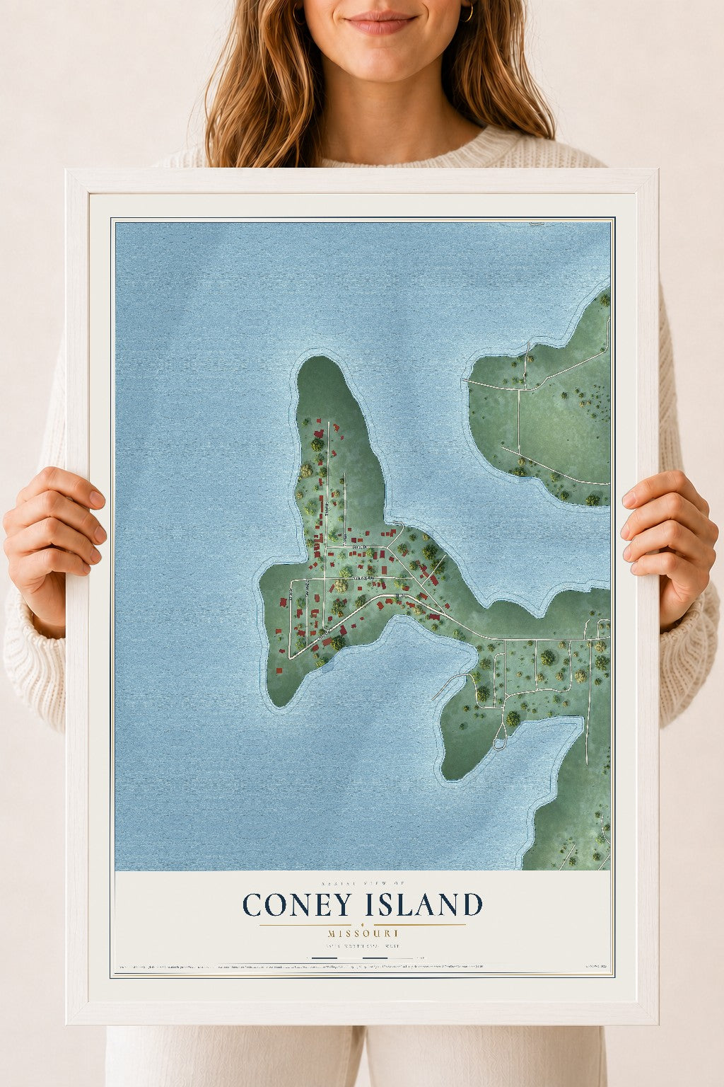 Map of Coney Island, Missouri, 18 x 24 inch print in a white wood frame