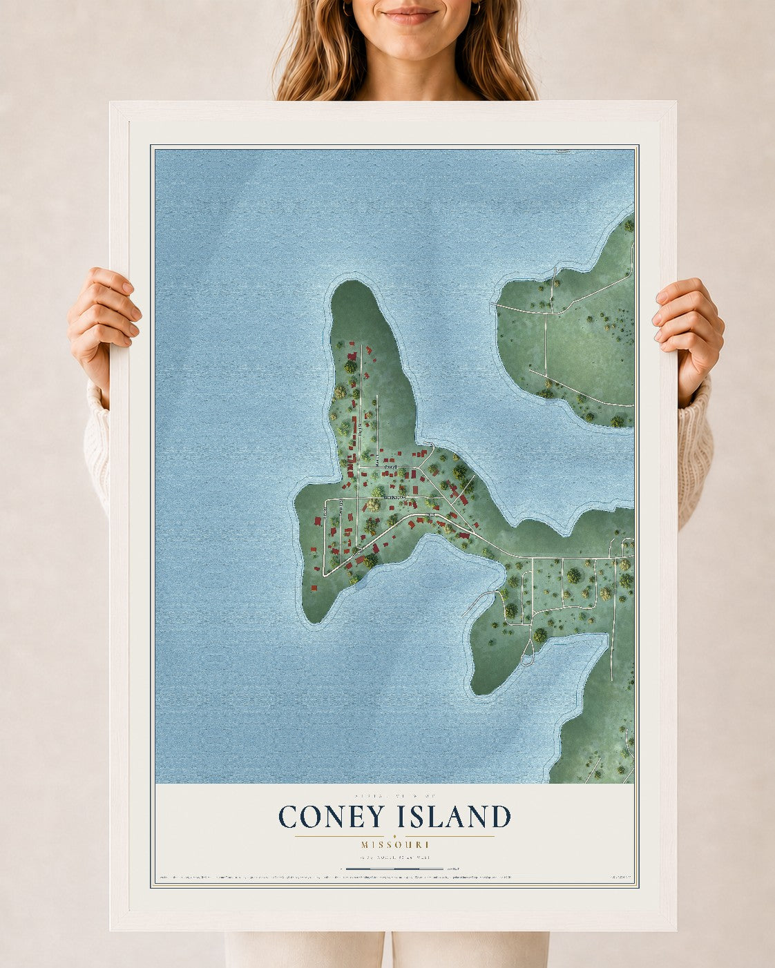 Map of Coney Island, Missouri, 24 x 36 inch print in a white wood frame