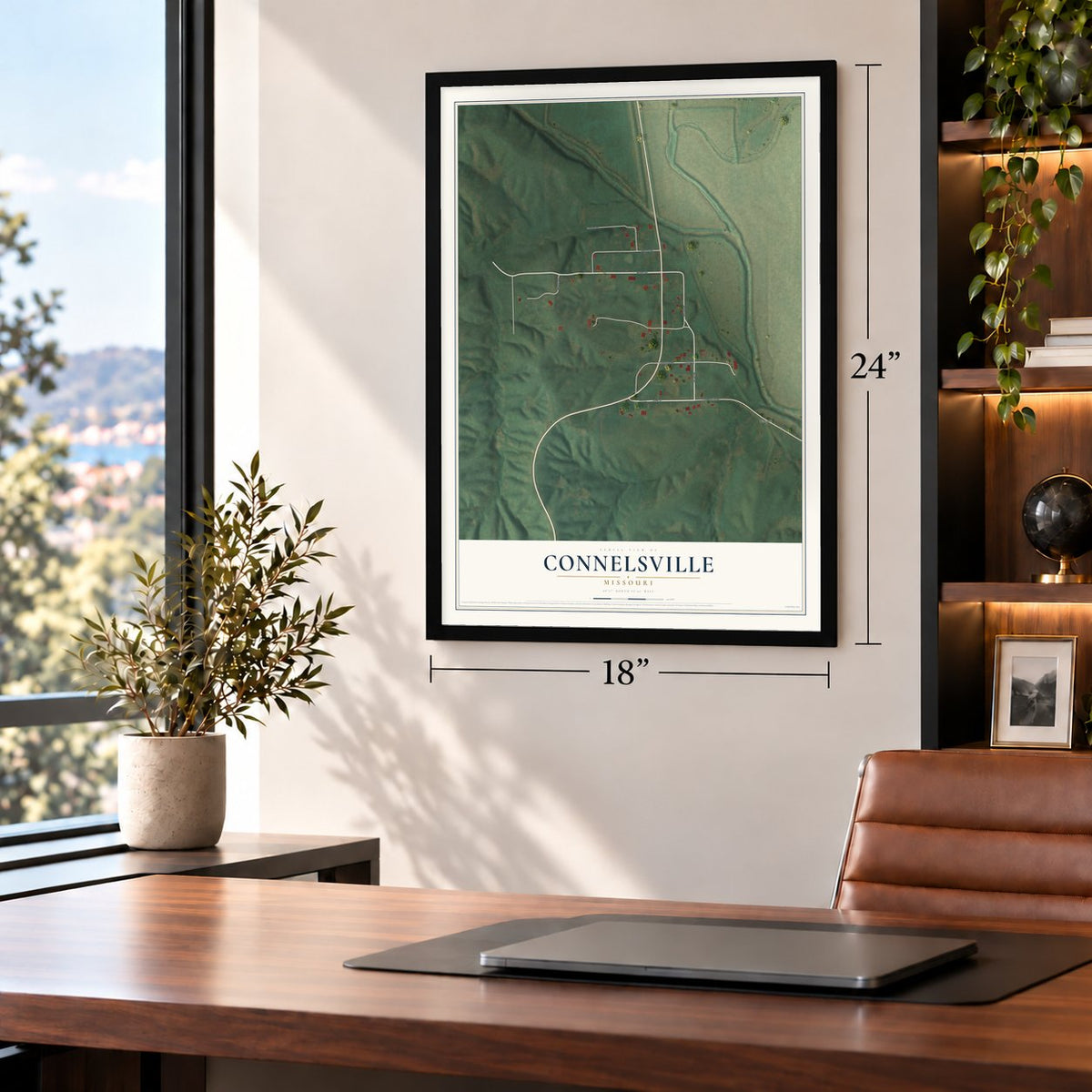 Connelsville, Missouri map, 18 x 24 inch print in a black frame in a home office