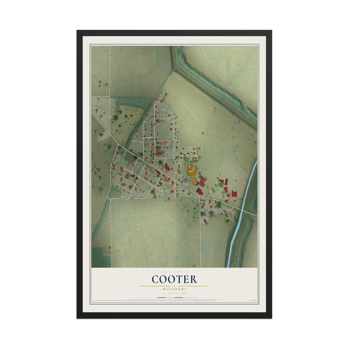 Map of Cooter, Missouri, 12 x 18 inch print in a black wood frame
