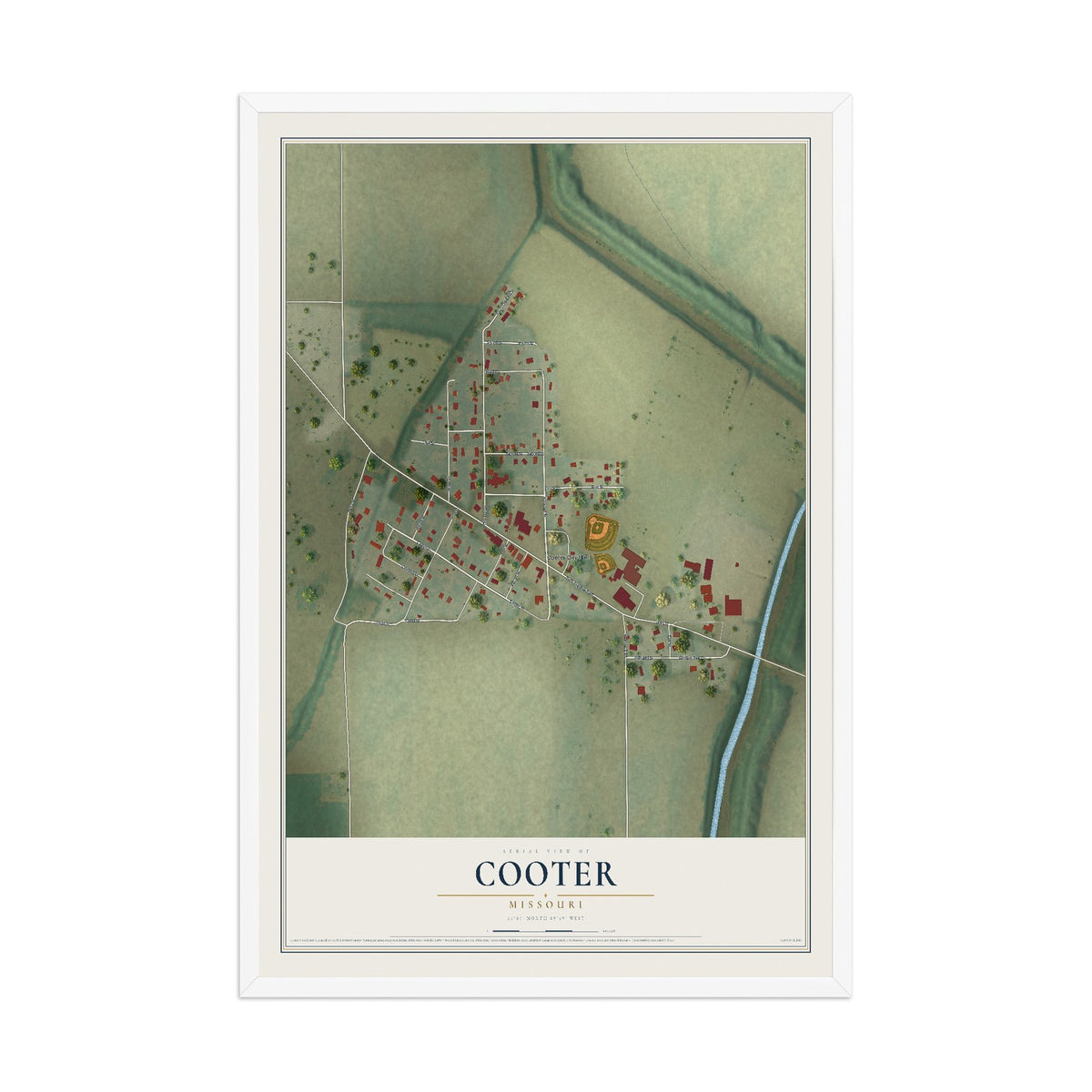 Map of Cooter, Missouri, 12 x 18 inch print in a white wood frame