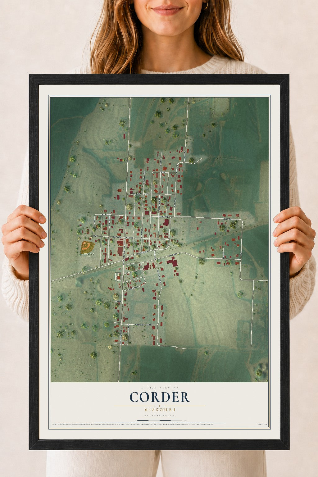 Map of Corder, Missouri, 18 x 24 inch print in a black wood frame