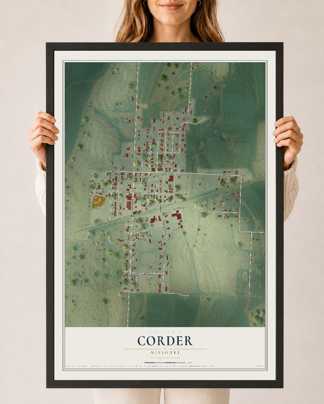 Map of Corder, Missouri, 24 x 36 inch print in a black wood frame
