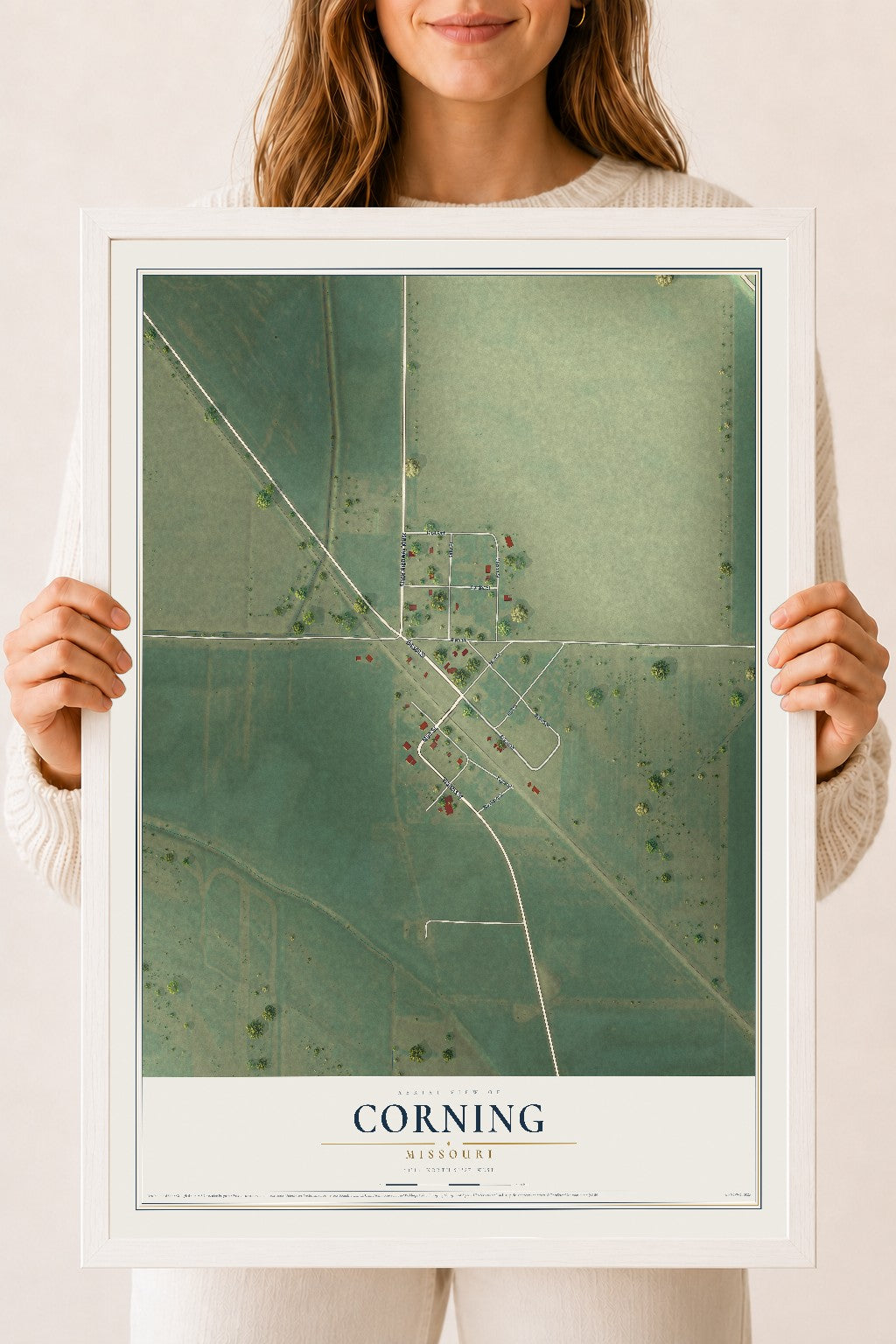 Map of Corning, Missouri, 18 x 24 inch print in a white wood frame
