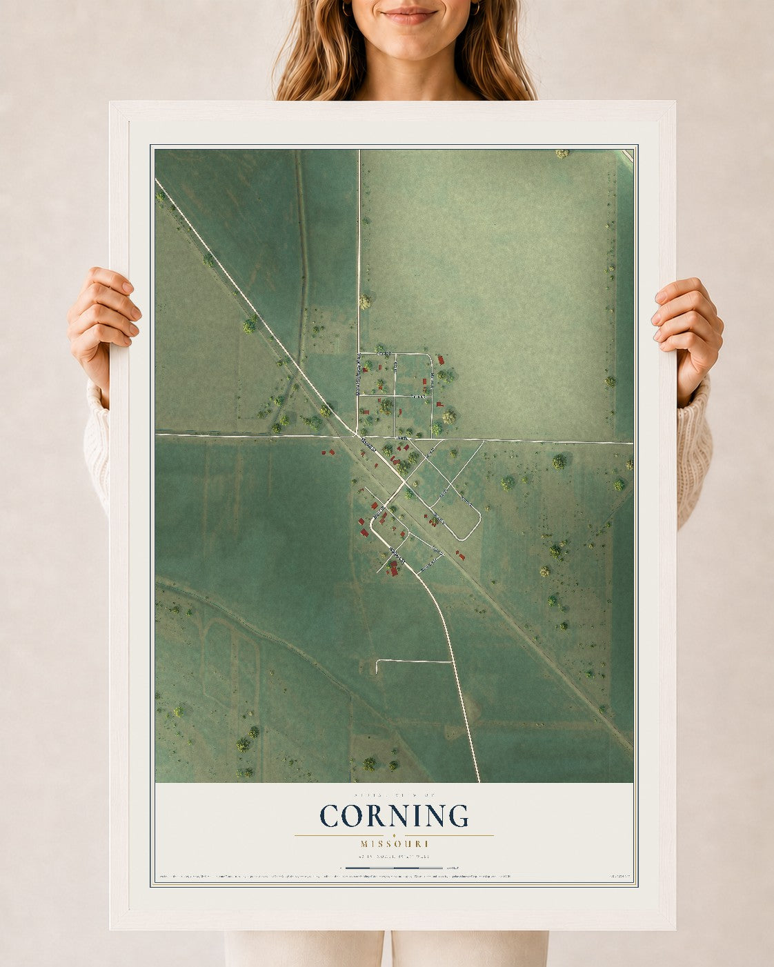 Map of Corning, Missouri, 24 x 36 inch print in a white wood frame