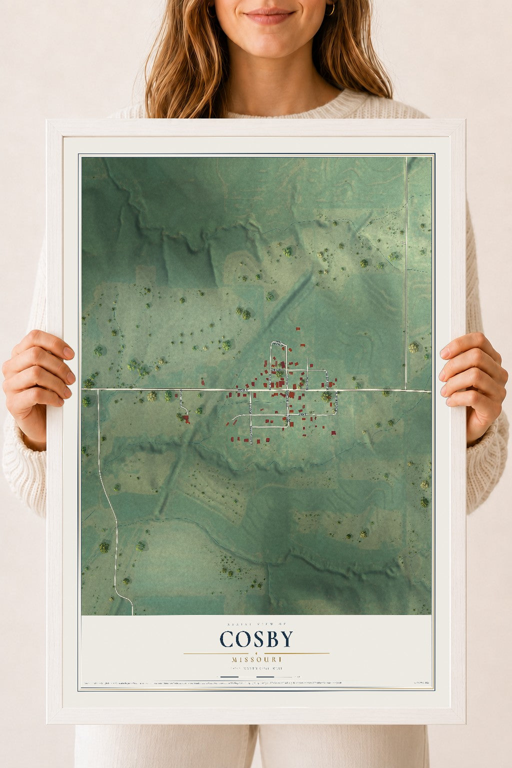 Map of Cosby, Missouri, 18 x 24 inch print in a white wood frame