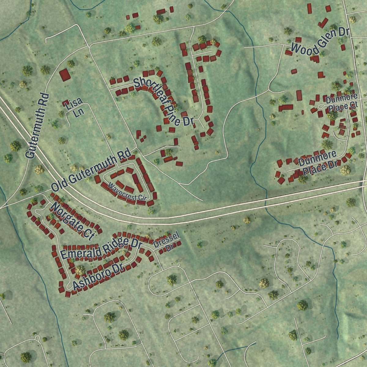Close-up of the map of Cottleville, Missouri print showing street and building detail