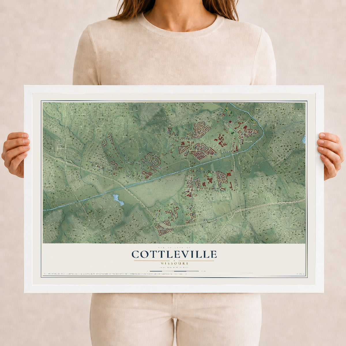 Map of Cottleville, Missouri, 12 x 18 inch print in a white wood frame