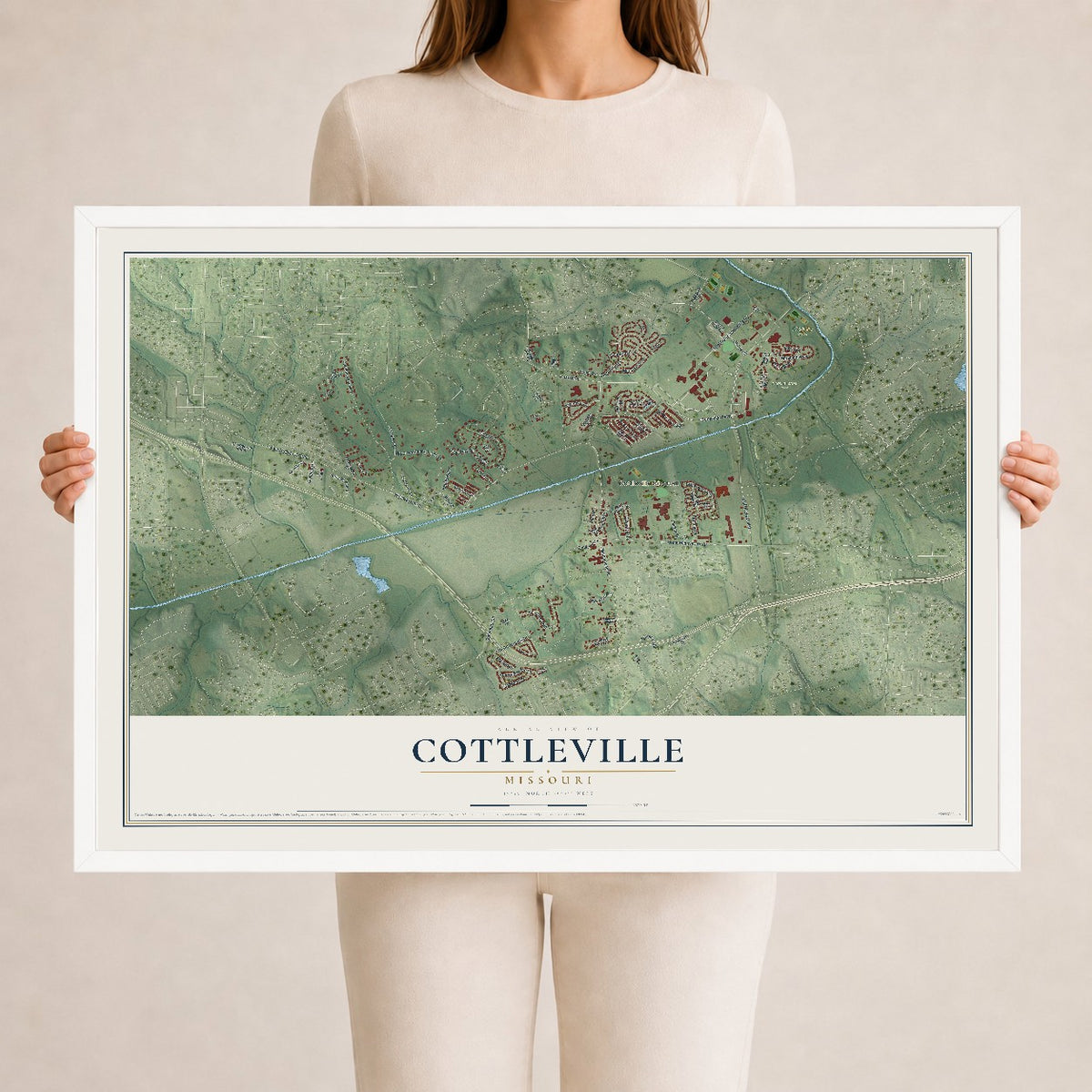 Map of Cottleville, Missouri, 24 x 36 inch print in a white wood frame