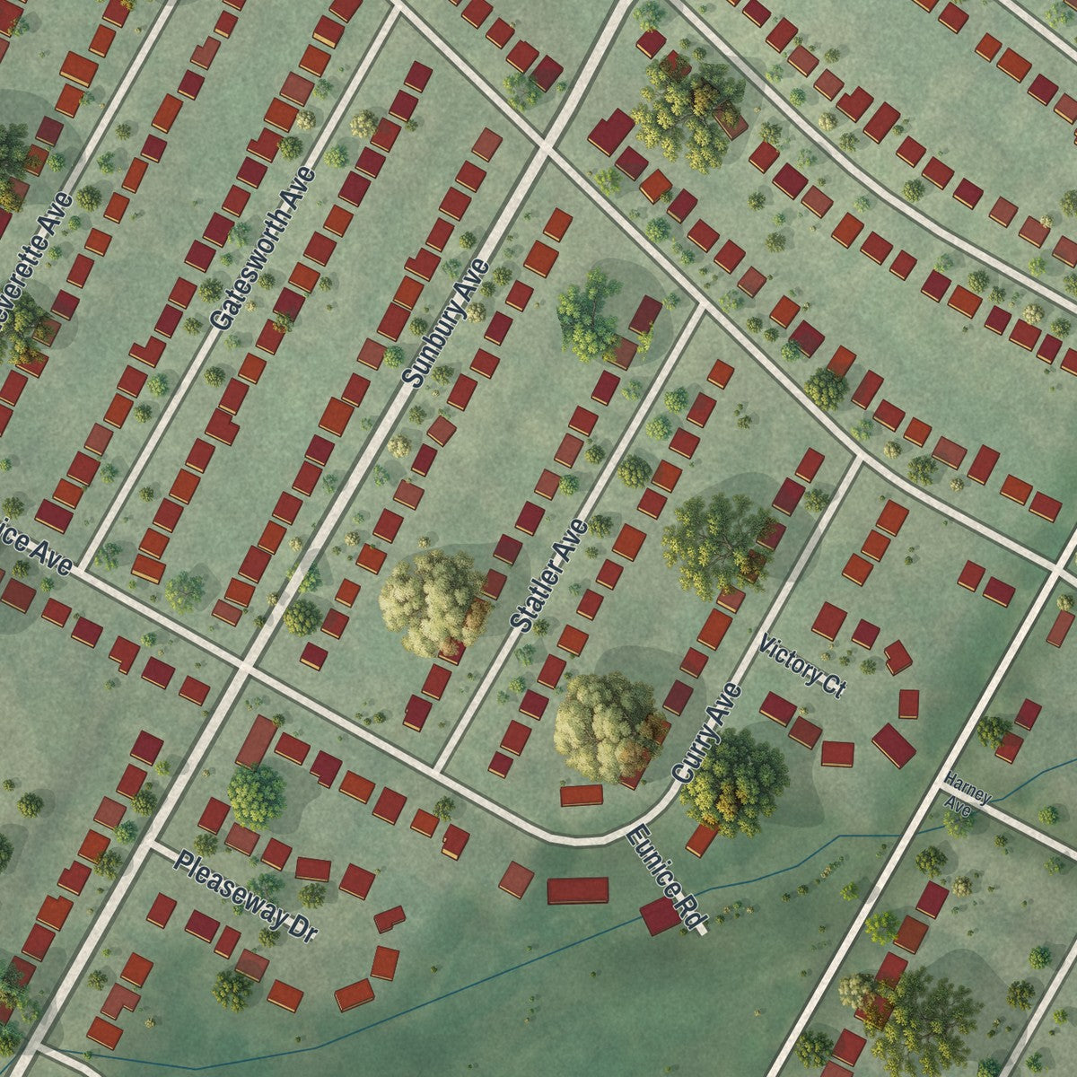 Close-up of the map of Country Club Hills, Missouri print showing street and building detail