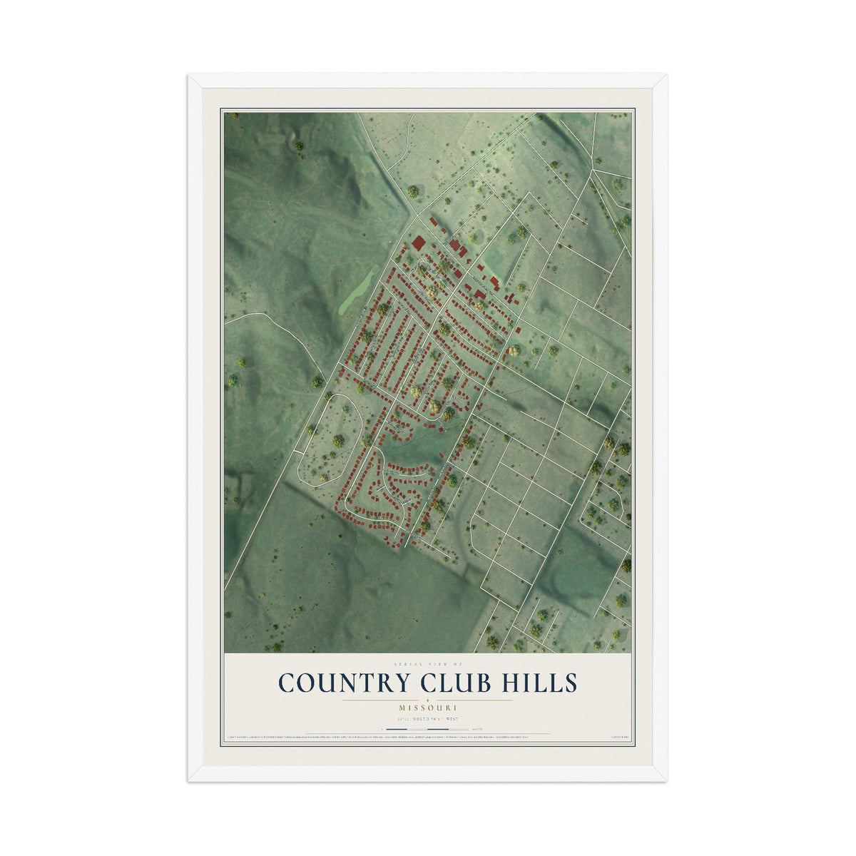 Map of Country Club Hills, Missouri, 12 x 18 inch print in a white wood frame