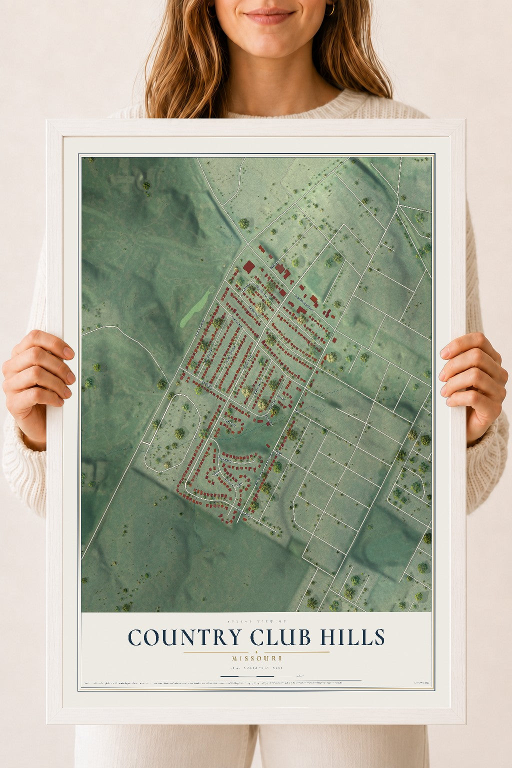 Map of Country Club Hills, Missouri, 18 x 24 inch print in a white wood frame