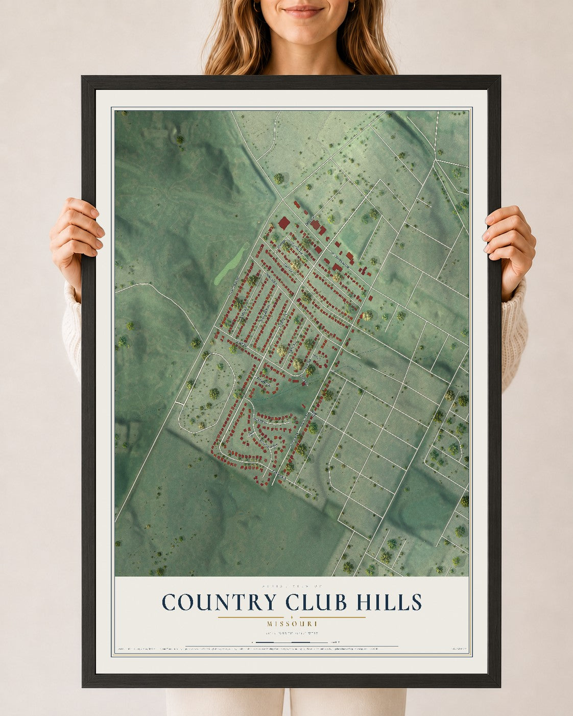 Map of Country Club Hills, Missouri, 24 x 36 inch print in a black wood frame