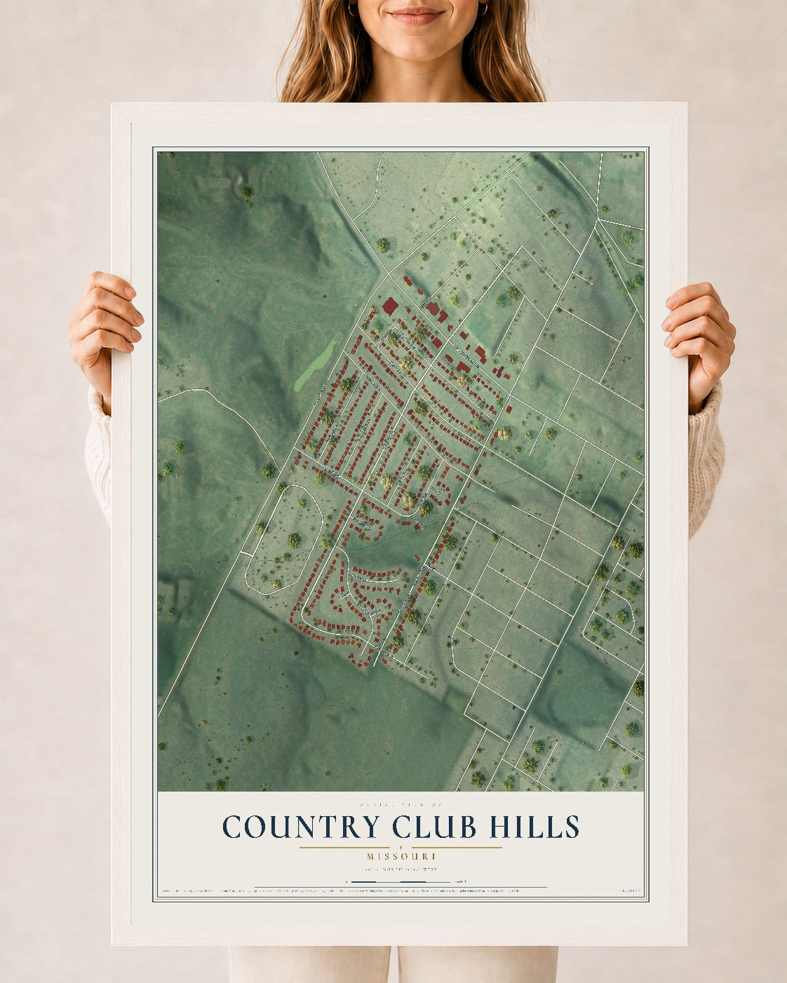 Map of Country Club Hills, Missouri, 24 x 36 inch print in a white wood frame